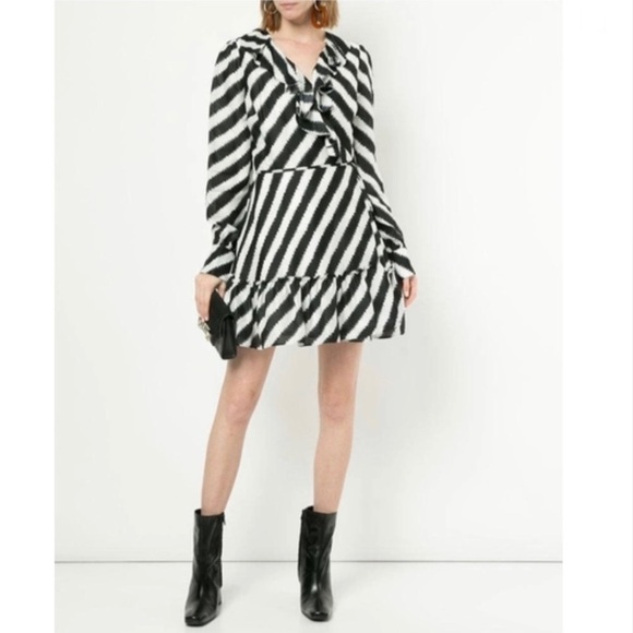 AJE Black & White Striped Tablas Mini Ruffles Wrap Dress Long Sleeve Size 6 NWOT - Picture 5 of 12